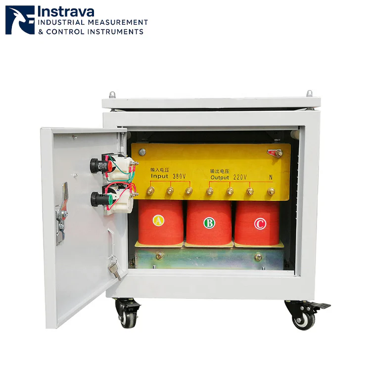 Real shot of small three-phase dry-type isolation transformer, 380V to 220V voltage conversion, mobile cabinet with casters, for laboratory and equipment power supply applications