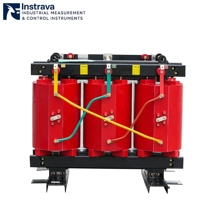 Rear view of three-phase epoxy dry-type transformer, showing cross-connected busbars and tap terminals, for voltage regulation in distribution rooms