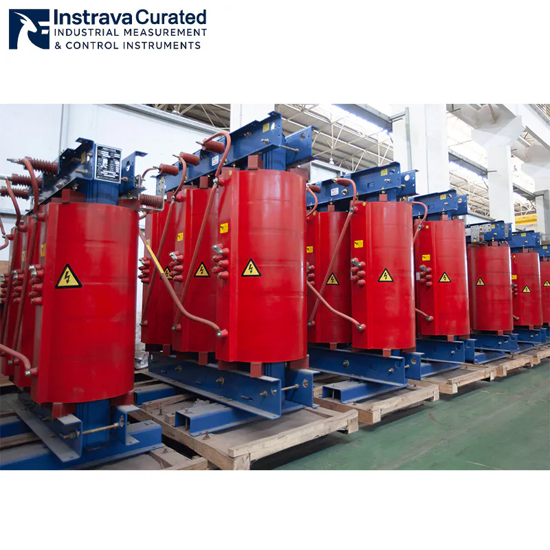 Mass Production Warehouse Photo of Instrava Epoxy Resin Cast Dry-Type Transformers, Red Insulated Windings with HV Porcelain Bushings, Dry Distribution Transformers for Substations & Industrial Plants