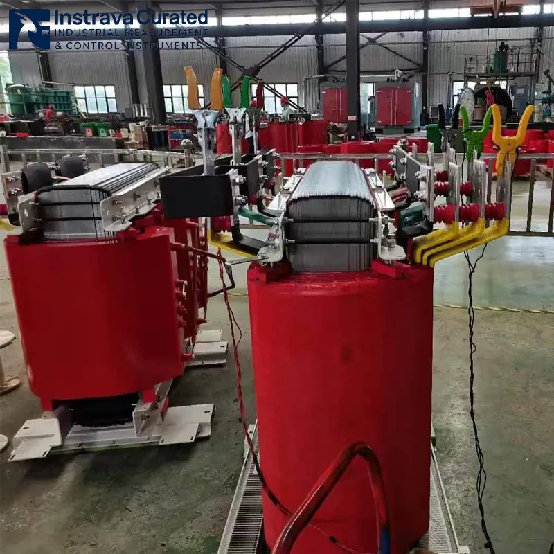 Top Wiring Close-up of Instrava Dry-Type Transformer Windings, Standard Yellow-Green-Red Phase Sequence Copper Busbar Connection, Internal Structure Detail of Epoxy Resin Cast Dry Power Transformer