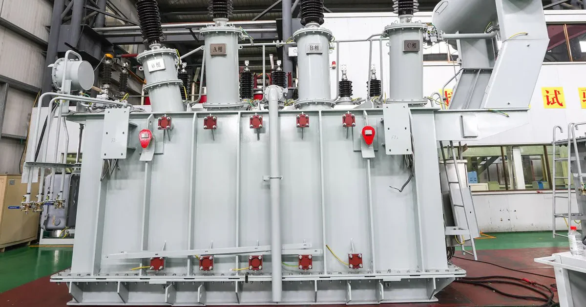 Large oil-immersed power transformer manufactured for high-voltage electrical transmission and distribution applications in power substations.