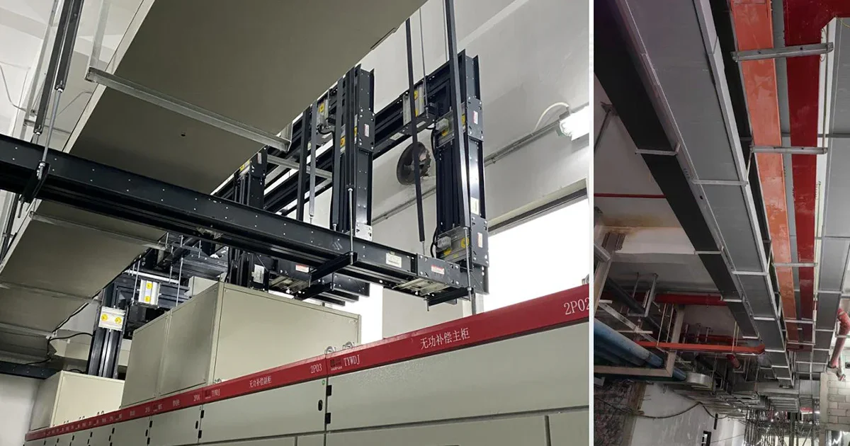 Real shot of industrial power distribution busbar trunking system, dense type busbar installed overhead, for high-current distribution in factories and commercial buildings