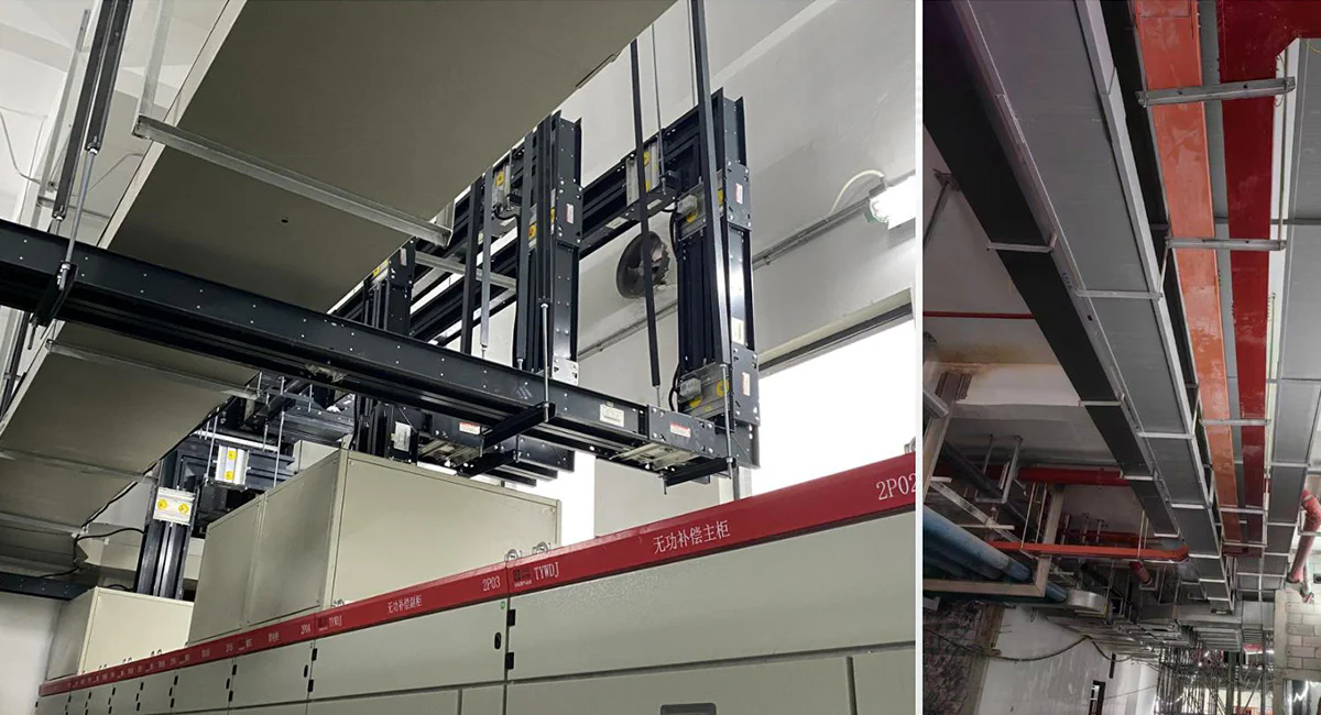 Real shot of industrial power distribution busbar trunking system, dense type busbar installed overhead, for high-current distribution in factories and commercial buildings