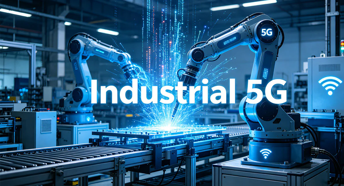 Industrial 5G wireless network enabling real-time communication and automation in smart manufacturing facilities