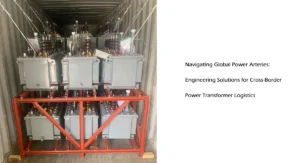 Power transformers securely loaded inside a shipping container for cross-border transportation using engineered bracing and export logistics solutions.