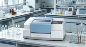 FTIR spectrometer used in a laboratory for chemical and material analysis, placed on a lab bench with glassware in the background.