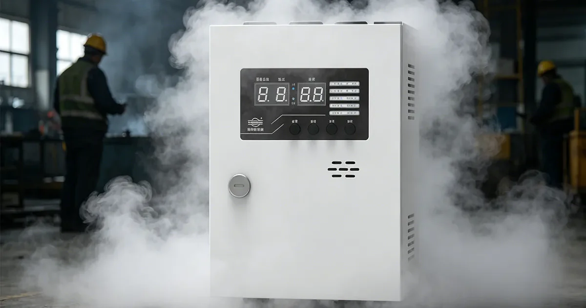 Industrial gas alarm controller cabinet operating in a factory environment with visible smoke for safety detection testing.