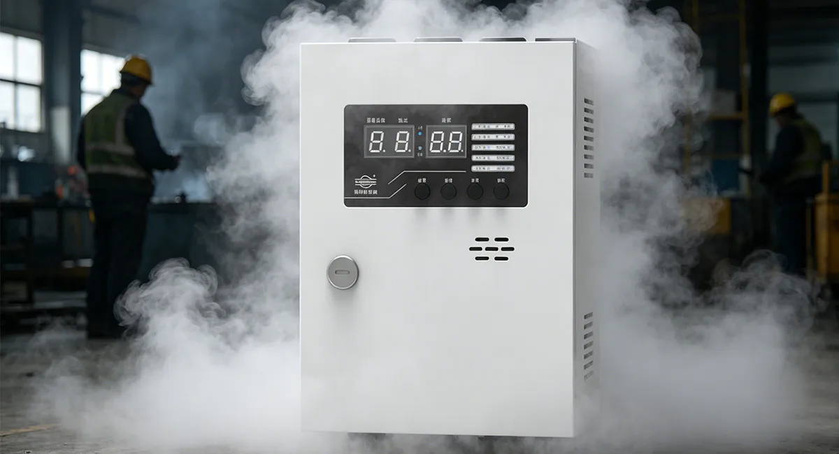 Industrial gas alarm controller cabinet operating in a factory environment with visible smoke for safety detection testing.