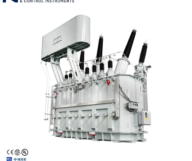 White background product photo of ultra-high voltage oil-immersed power transformer, complete with conservator tank, high-voltage bushings and control accessories, for product manuals and technical documentation