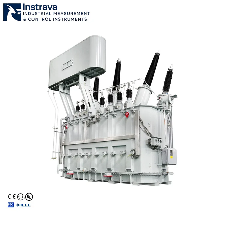 White background product photo of ultra-high voltage oil-immersed power transformer, complete with conservator tank, high-voltage bushings and control accessories, for product manuals and technical documentation