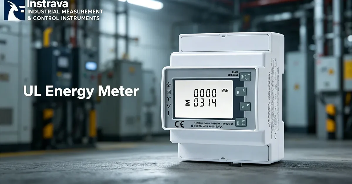 Instrava industrial-grade smart energy meter (UL Energy Meter) with a digital LCD screen, designed for industrial energy monitoring and DIN-rail panel mounting.
