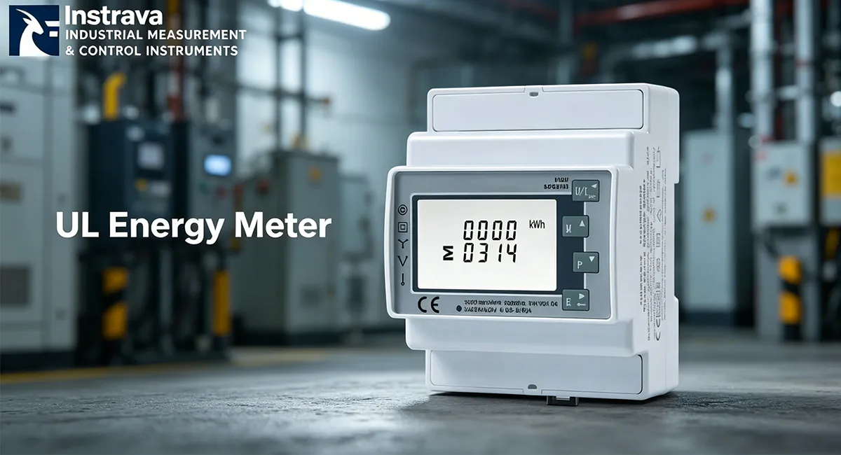 Instrava industrial-grade smart energy meter (UL Energy Meter) with a digital LCD screen, designed for industrial energy monitoring and DIN-rail panel mounting.
