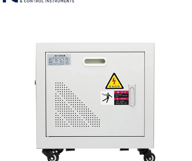 Front view of three-phase dry-type isolation transformer, with ventilation holes and safety warning labels, for industrial equipment power supply and voltage regulation applications