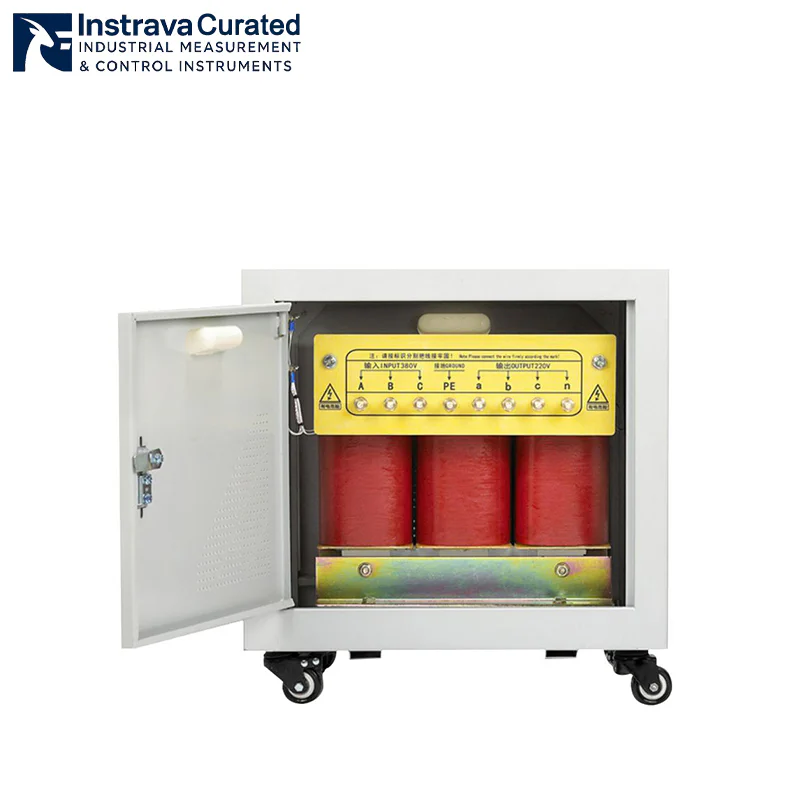 Internal view of three-phase dry-type isolation transformer, cabinet door open showing terminal block and red epoxy windings, for industrial voltage conversion applications