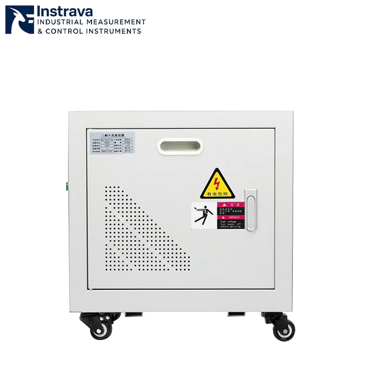 Front view of three-phase dry-type isolation transformer, with ventilation holes and safety warning labels, for industrial equipment power supply and voltage regulation applications