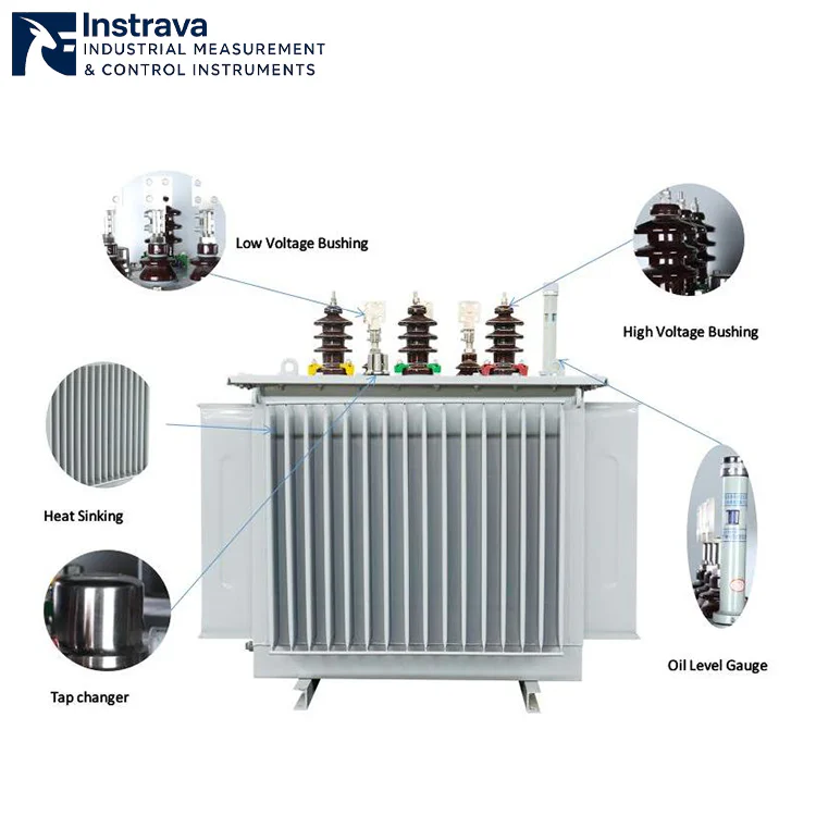 Structure diagram of 10kV oil-immersed distribution transformer, labeled with key components including high voltage bushing, low voltage bushing, heat sink, tap changer and oil level gauge
