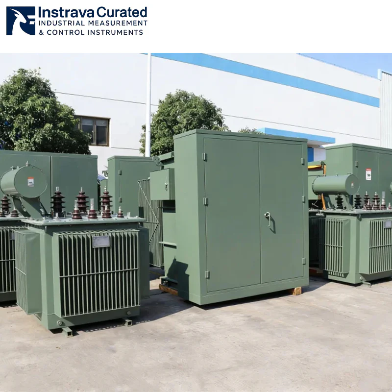 Outdoor real shot of pad-mounted distribution transformers, bulk finished units ready for delivery outside the factory workshop, for bulk supply to prefabricated substation projects