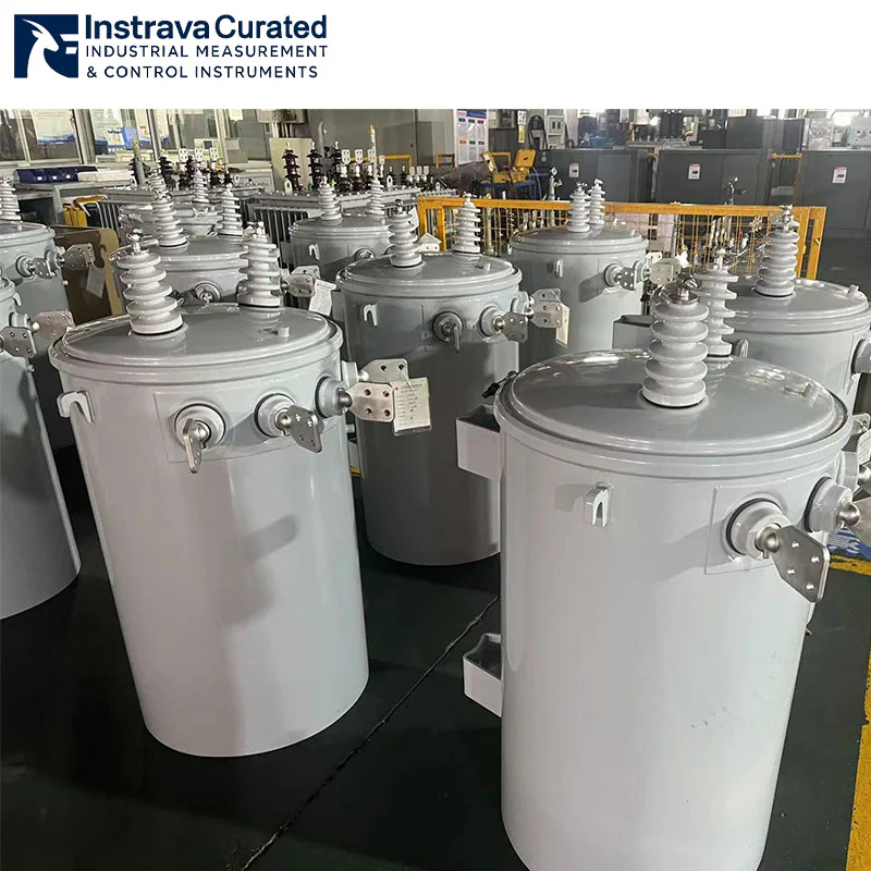 Real shot of finished pole-mounted distribution transformers in inventory, bulk units ready for delivery in factory workshop, for bulk supply to distribution projects