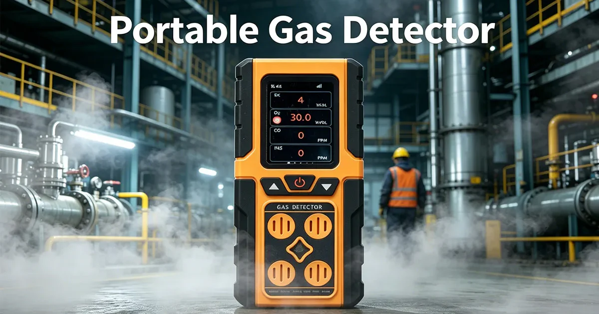 Portable multi-gas detector used in industrial plant for real-time detection of toxic and combustible gases with worker in background.