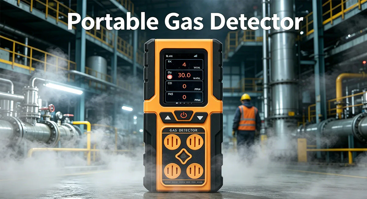 Portable multi-gas detector used in industrial plant for real-time detection of toxic and combustible gases with worker in background.