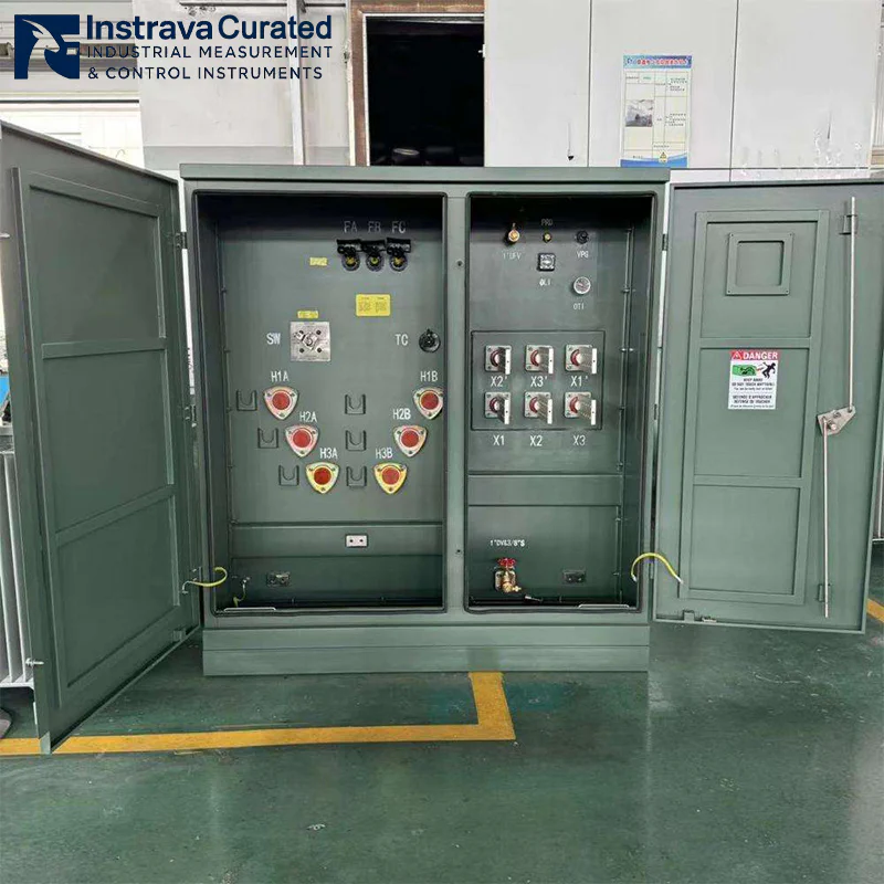 Real shot of pad-mounted transformer dual control cabinets, showing high/low voltage terminals, tap changers and control accessories, for outdoor distribution systems