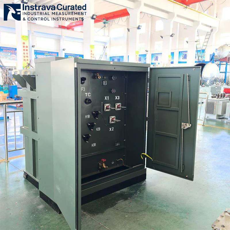 Real shot of pad-mounted transformer control cabinet, showing terminals, tap changer and valves, for outdoor prefabricated distribution applications