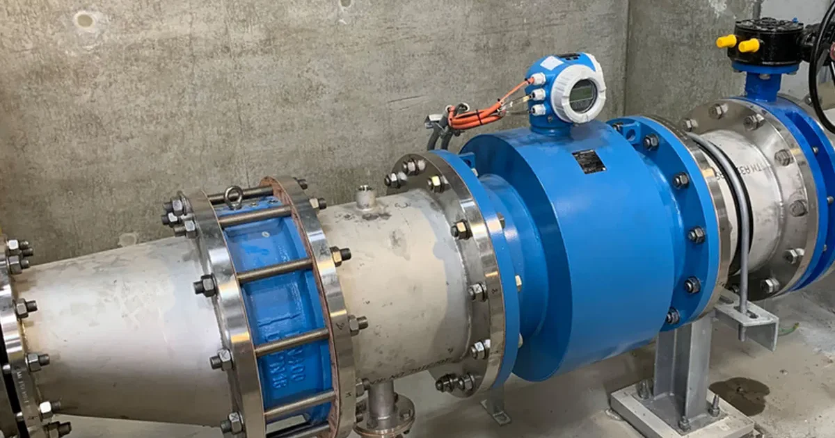 Electromagnetic flow meter installed in industrial pipeline for accurate liquid flow measurement