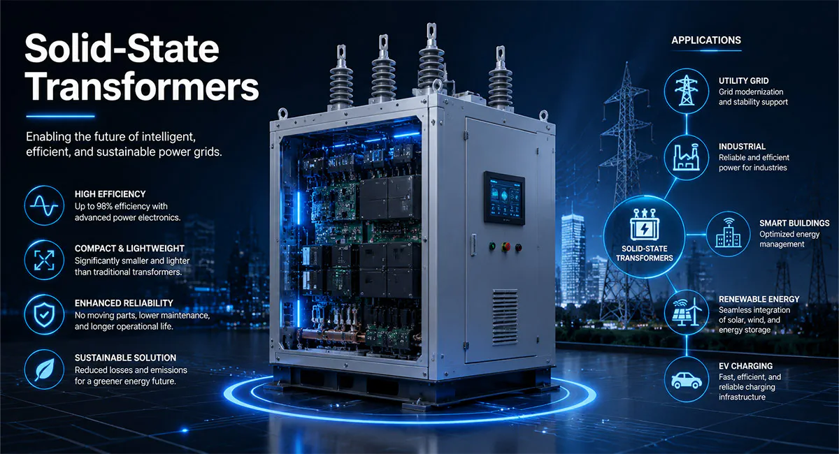 Solid-state transformer (SST) system for smart grid, renewable energy integration, and AI data center power conversion with high-efficiency power electronics.