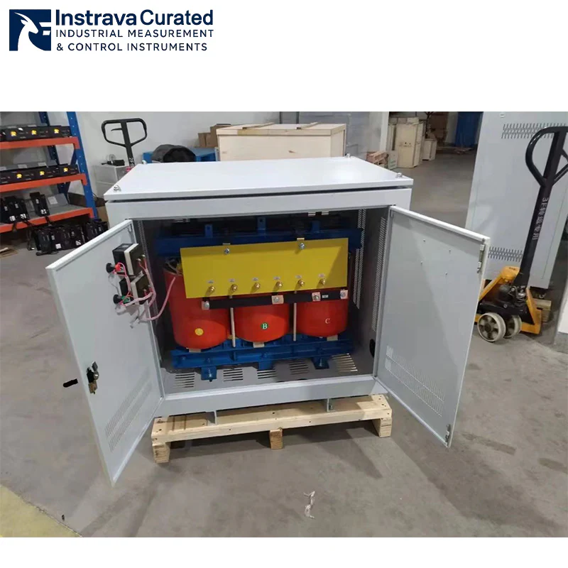 Internal view of large industrial three-phase dry-type isolation transformer, double-door cabinet with ventilation holes, for high-load industrial power distribution applications