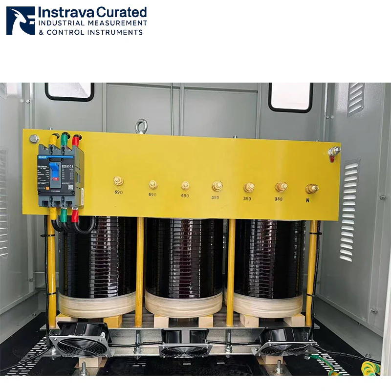 Close-up shot of three-phase dry-type isolation transformer windings and terminal block, 690V/380V voltage conversion, for industrial equipment power supply applications