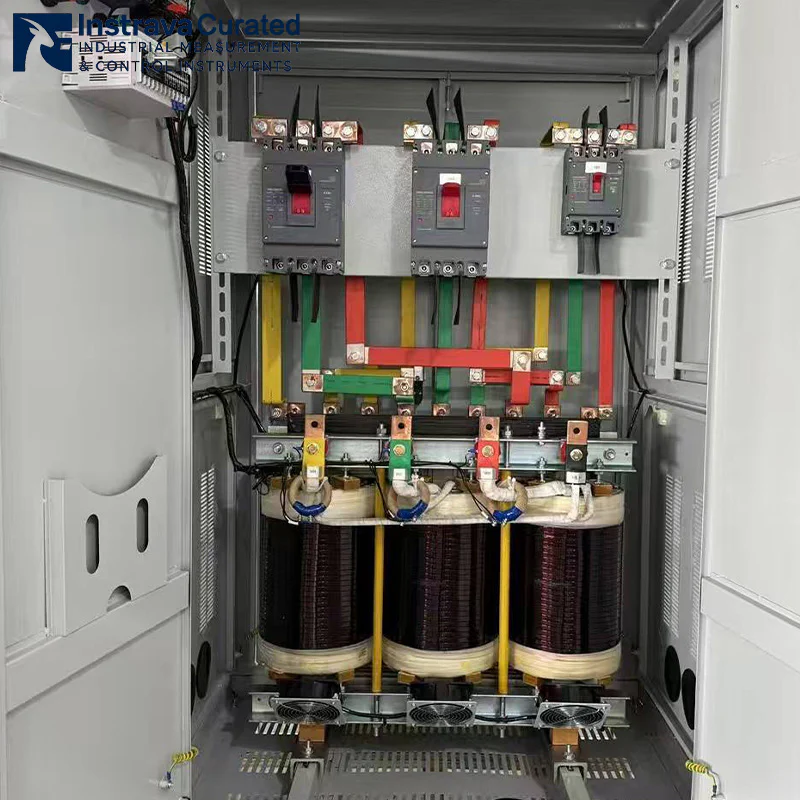 Real shot of large three-phase dry-type isolation transformer inside cabinet, showing circuit breakers, busbars and windings, for high-load industrial power distribution applications