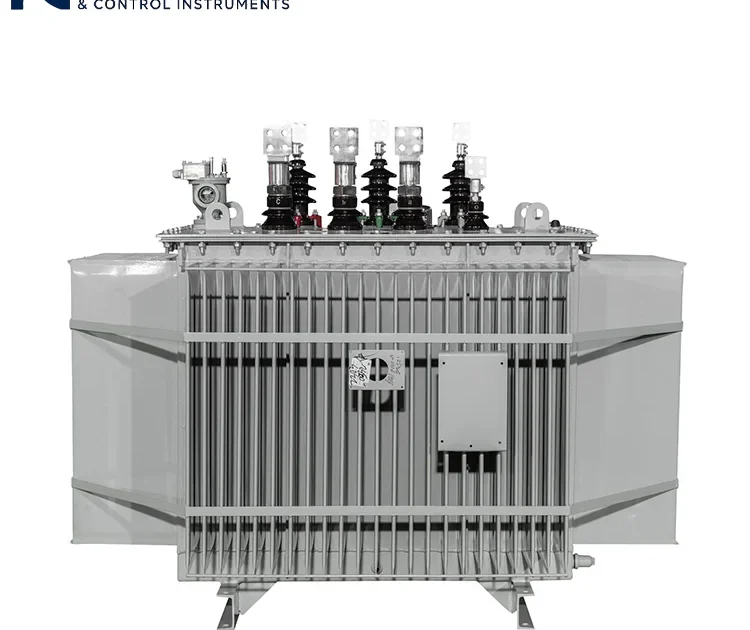 White background product photo of distribution oil-immersed transformer, showing high/low voltage bushings, cooling radiators and protection devices, for e-commerce and product manual use