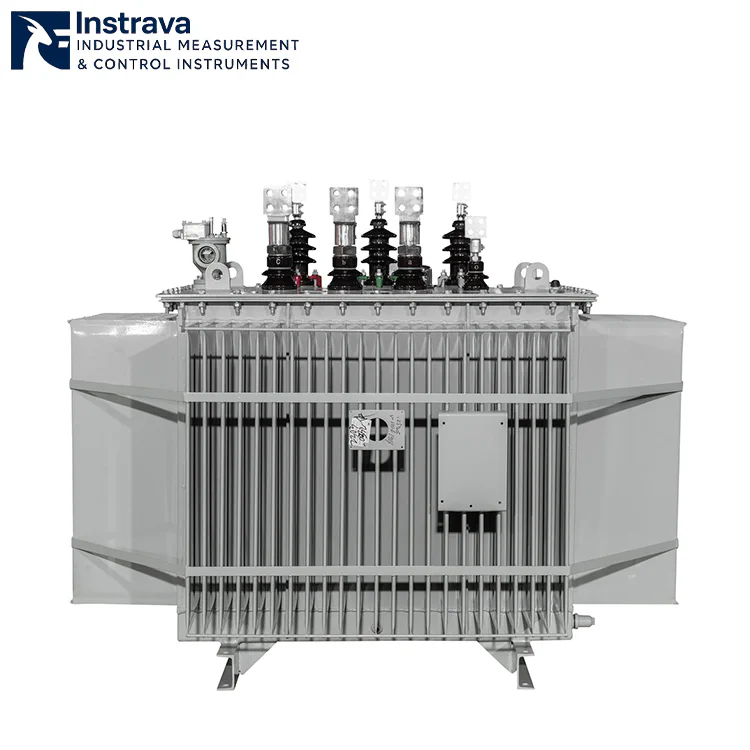 White background product photo of distribution oil-immersed transformer, showing high/low voltage bushings, cooling radiators and protection devices, for e-commerce and product manual use