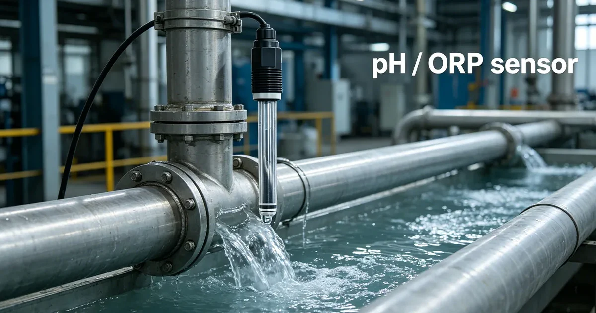 Industrial digital pH ORP sensor installed in a water treatment pipeline for continuous online water quality monitoring and process control.