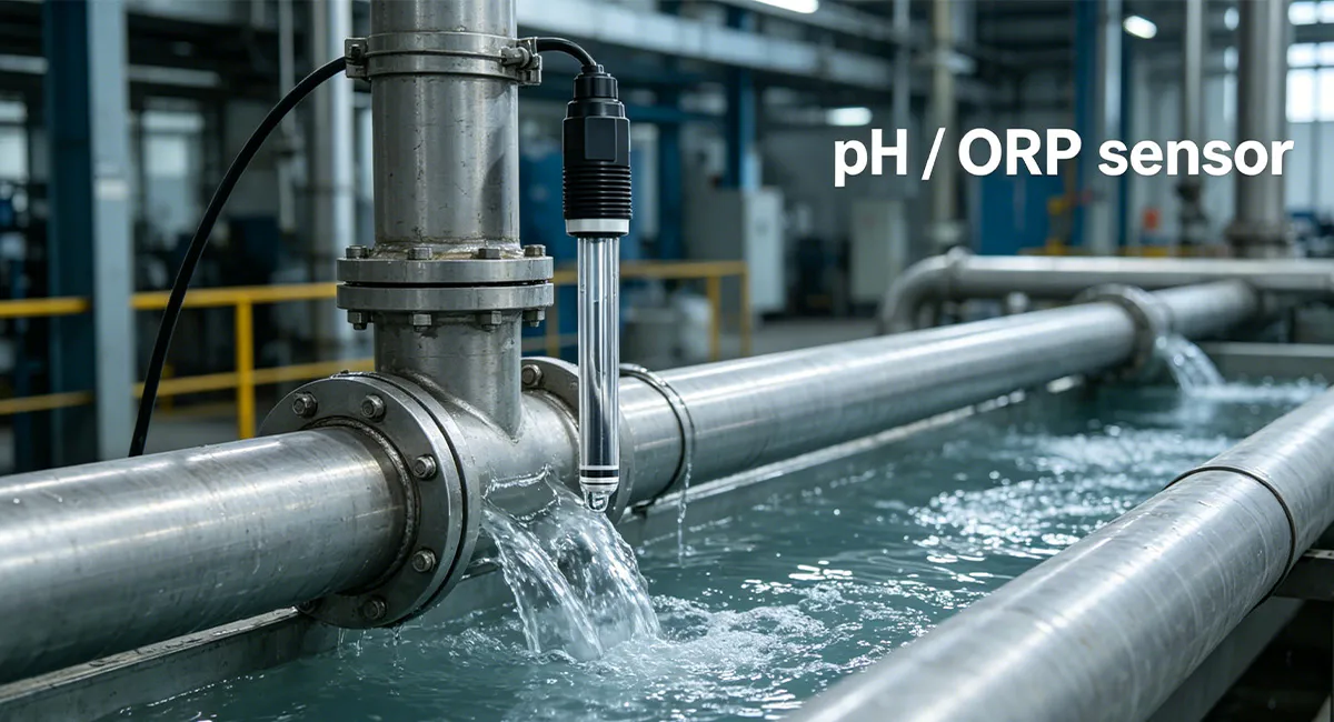 Industrial digital pH ORP sensor installed in a water treatment pipeline for continuous online water quality monitoring and process control.