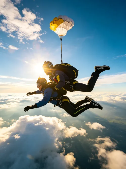 Tandem skydiving jump with parachute deployment above clouds during high-altitude freefall