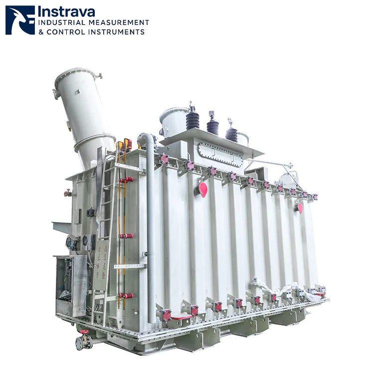 Rear oblique view of three-phase oil-immersed power transformer, showing conservator tank, high-voltage bushings, access ladder and control cabinets, industrial power distribution transformer equipment