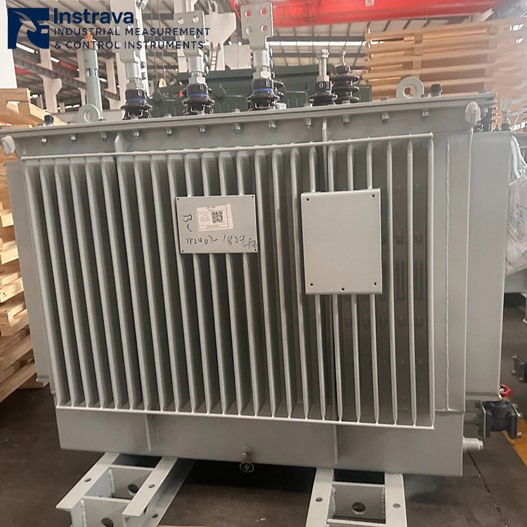 Side view of industrial distribution oil-immersed transformer, showing corrugated cooling radiators, high/low voltage bushings and nameplate, for 10kV/35kV power distribution systems