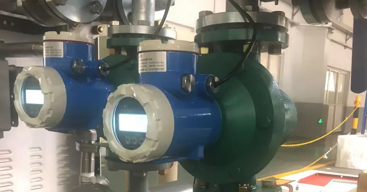 Oval gear positive displacement flow meter installed in industrial pipeline for precise liquid flow measurement