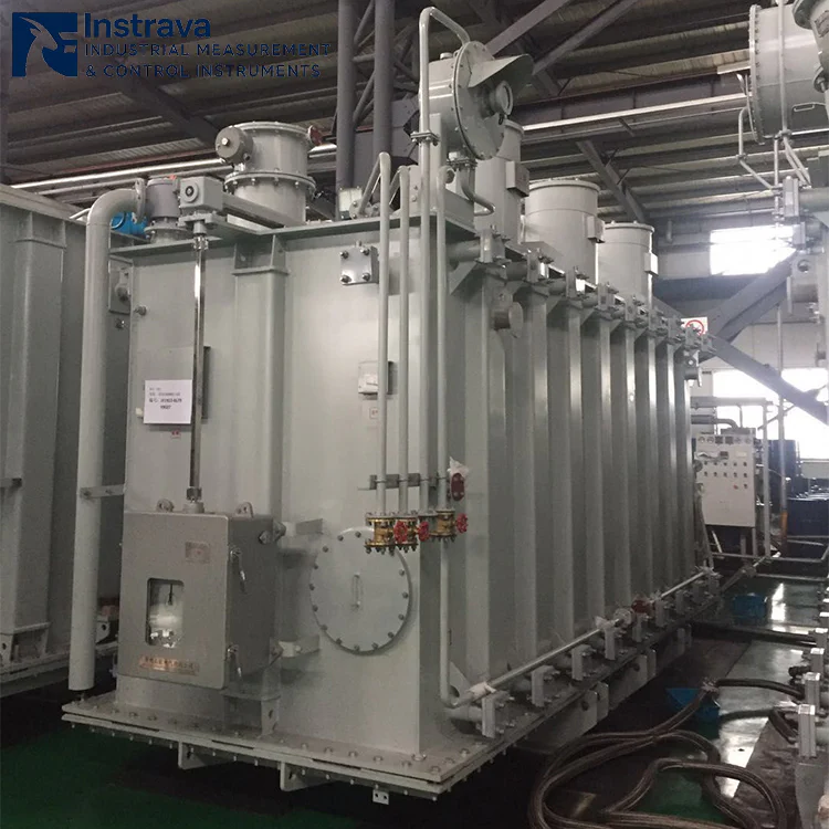 Side detail view of oil-immersed power transformer, showing valves, control cabinets, conservator tank and corrugated cooling radiators, structural display of industrial power transformer