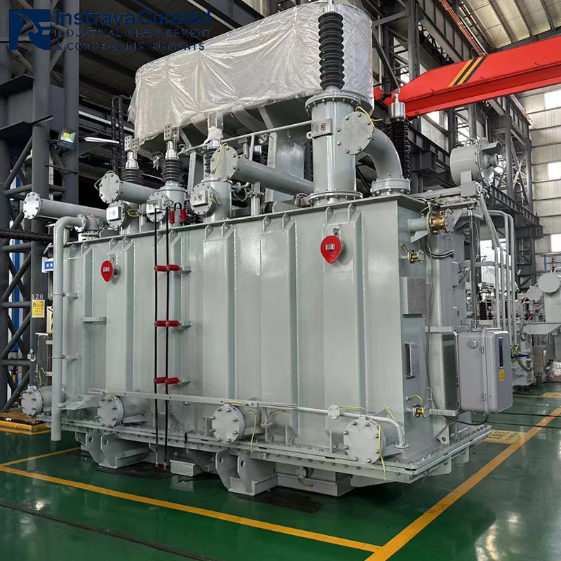 Real shot of ultra-high voltage oil-immersed power transformer in factory, showing corrugated tank, high-voltage bushings and conservator tank, for main grid transmission applications