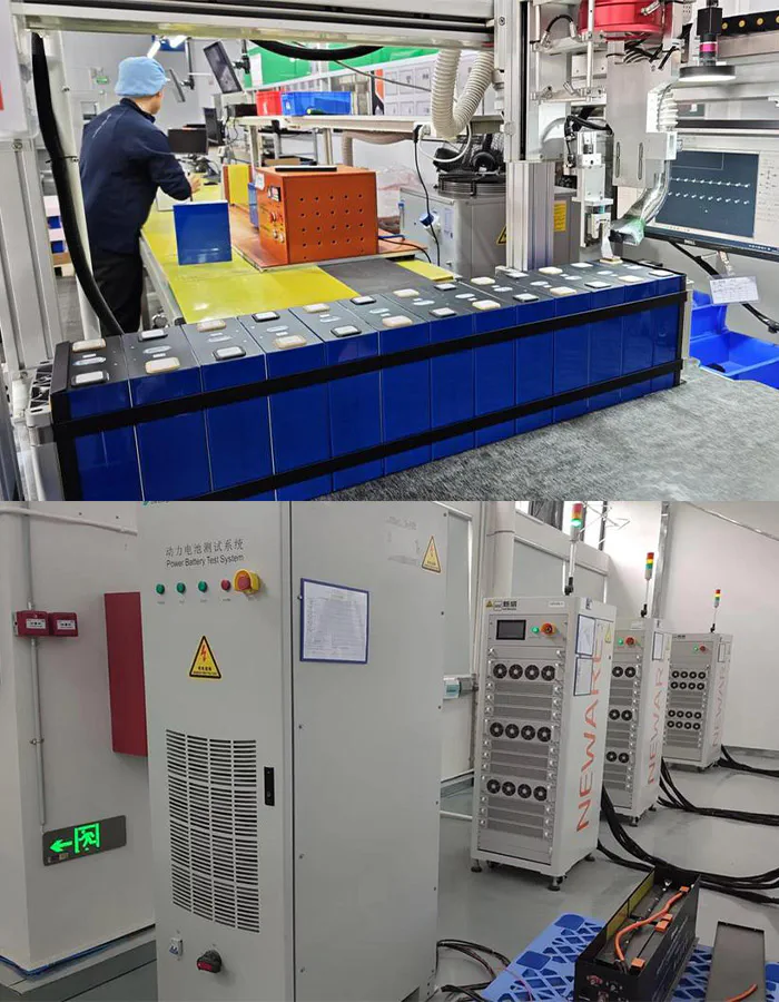51.2V LiFePO4 energy storage battery pack factory showing lithium battery manufacturing and testing process