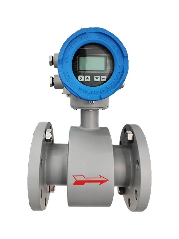Electromagnetic flow meter with digital display for industrial liquid flow measurement.