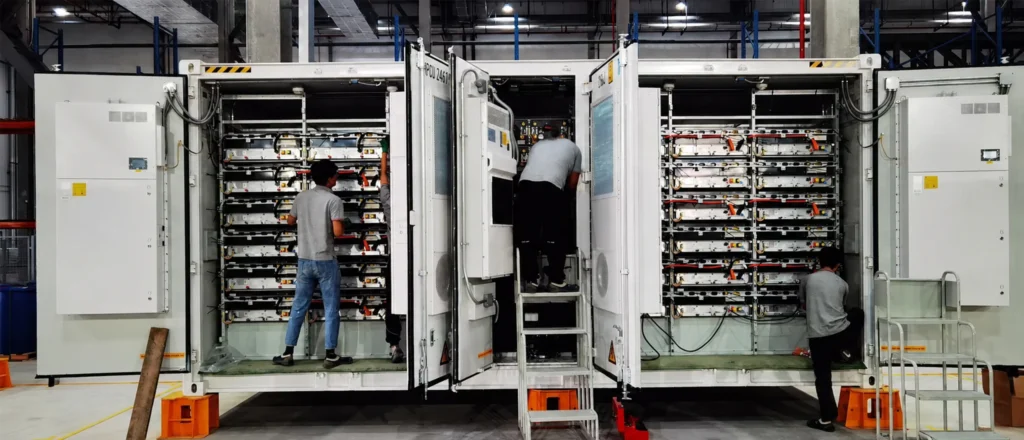 Energy storage hybrid inverter factory production line with battery storage system assembly and testing