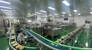 Modern canned food automated filling and sealing production line inside a Class 100,000 clean food workshop, stainless steel industrial conveyor belt with empty tin cans, workers in full sterile protective suits conducting on-line monitoring and production operation, standardized food safety manufacturing factory interior