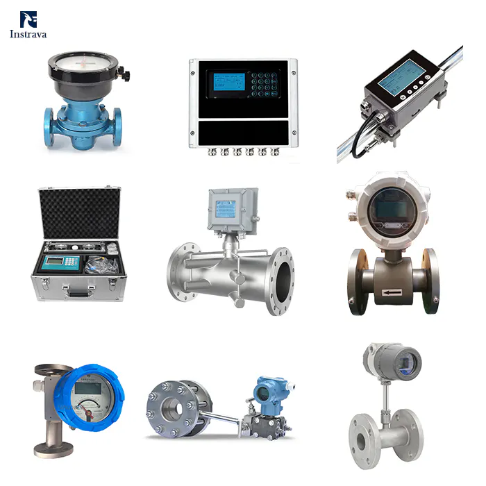 Collection of industrial flow meters supplied by Instrava, including electromagnetic, ultrasonic, vortex, turbine, and differential pressure flow meters.