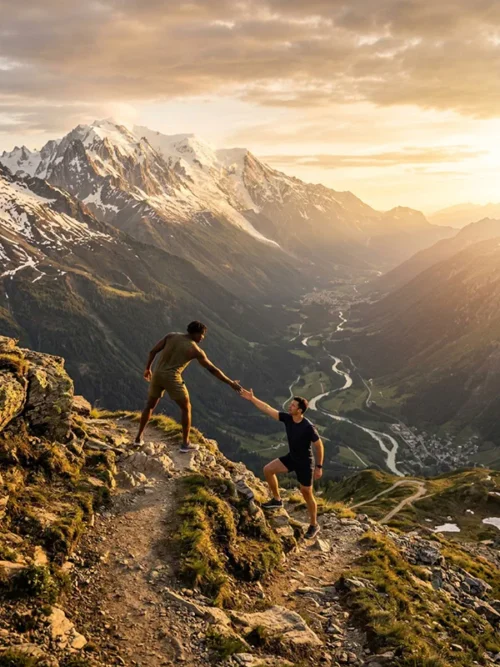 Two male hikers give a helping hand on a rugged mountain cliff trail at golden hour, overlooking snow-capped Mont Blanc and winding river valley in the French Alps, inspirational outdoor teamwork hiking landscape photography