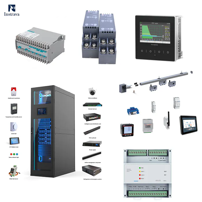 Industrial power monitoring and control systems including power meters, PLC controllers, HMI panels, and energy management devices