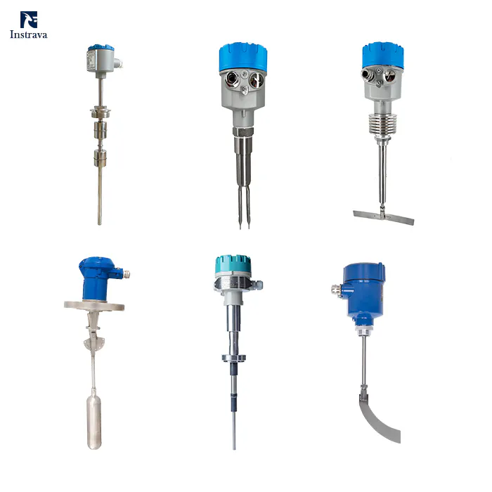 Collection of industrial level switches supplied by Instrava, including vibrating fork, rotary paddle, float, capacitance, and RF admittance level switches.
