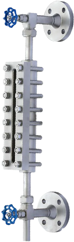Glass material level gauge sight glass with blue handwheels and metal fittings, designed for liquid level monitoring in high-pressure liquid environments.